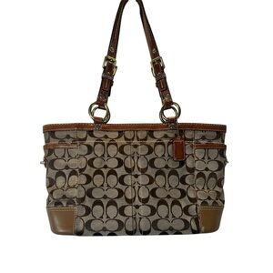 Coach Gallery Khaki Brown Signature Tote Bag Zip Top